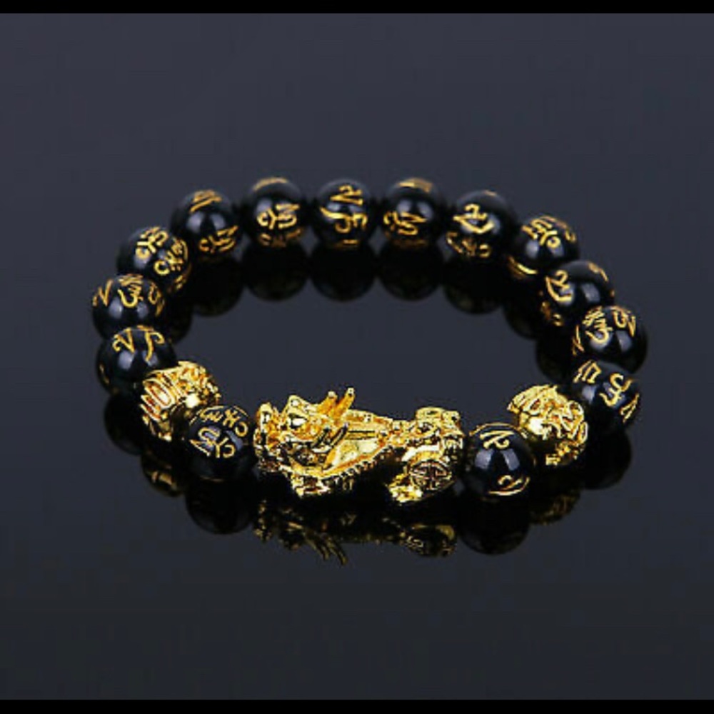 Feng Shui Green Onyx Black Obsidian Beads Wealth Golden Pixiu Lucky Braceletl - Picture 3 of 6